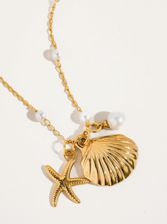 SHELL Gold Seashell & Sea Star Pearl Necklace